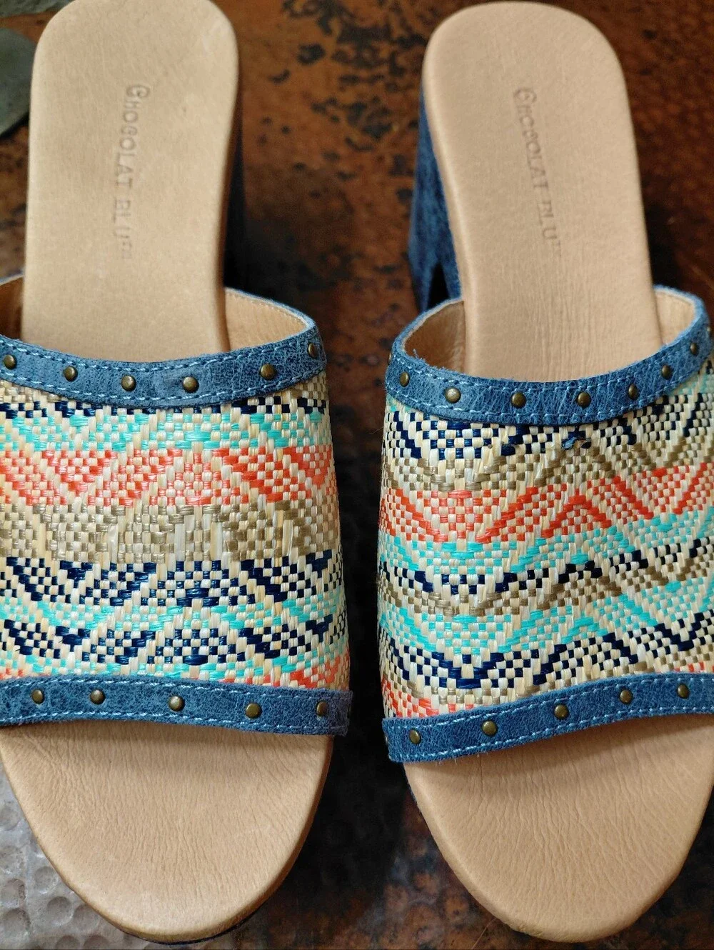Chocolat Blu Sz. 7 Blue Combo Raffia Guro Platform Sandal